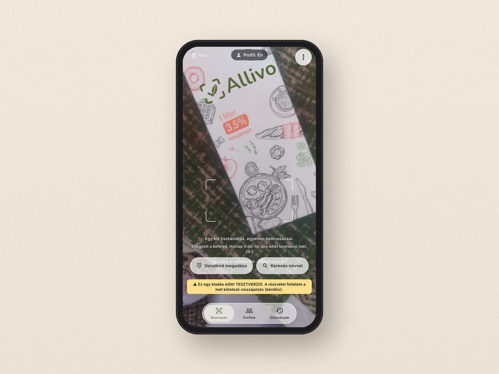 Az Allivo app beolvasó képernyője telefonon